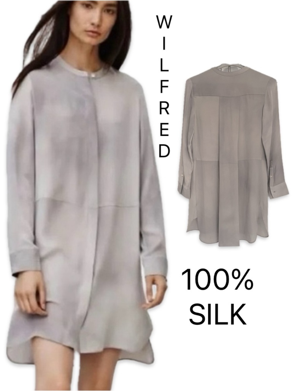 Wilfred Aritzia Bossut Silk Shirt Dress Sheer Gray Hidden Button Oversized XS